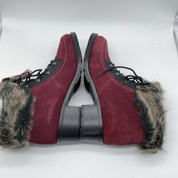 Sporto Holly Suede Boot Bootie Faux Fur Trim Burgundy Lace Up Block Heel 9 wide - Picture 5 of 12